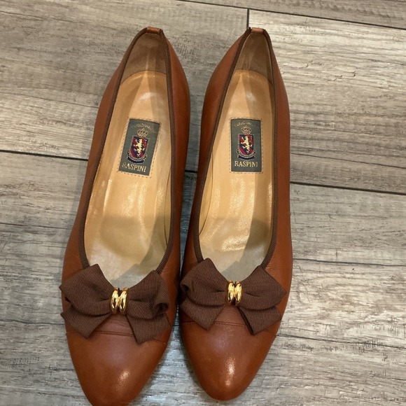 Vintage Raspini Leather Pumps Bow Accent Heel Brown Classic Shoes 24 EE sz 7 US - Picture 10 of 10